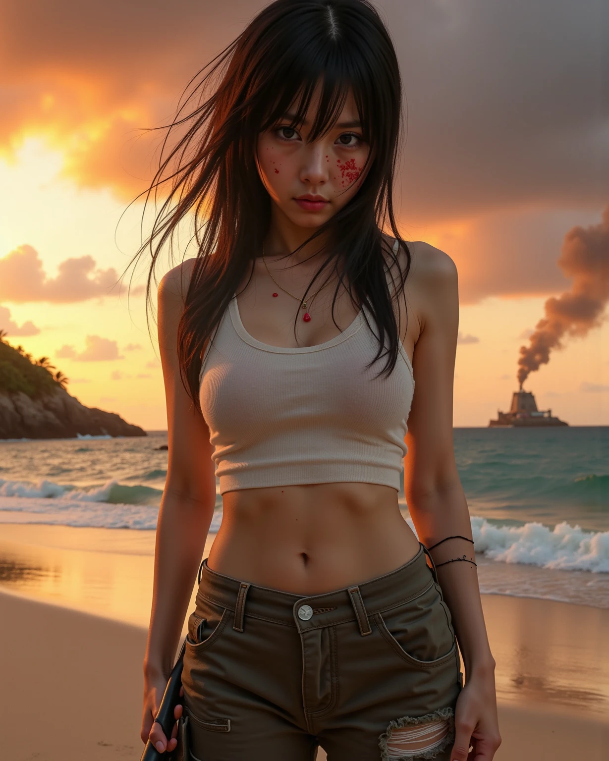 ((top quality, 8k, masterpiece: 1.3, ultra hd, high quality, best quality, high definition, realism)), sharp focus: 1.2, Lone female supermodel lying on the ground in an apocalyptic landscape, Eva Elfie face, Torn open shirt and short shorts, Beautiful woman with perfect body with 9 heads body, Photorealistic perfect body, Slim figure, Slender abs, Sexy bumps with big breasts, Chest with bumps: 1.5, Emphasis on cleavage, Small ribbon on chest, Frightened look, Brown hair, Highly detailed face and skin texture, Detailed eyes, High detail, Anatomically correct, Portrait photography: 1.5, Blurred background, orange and teal, Fine details, Natural blur,