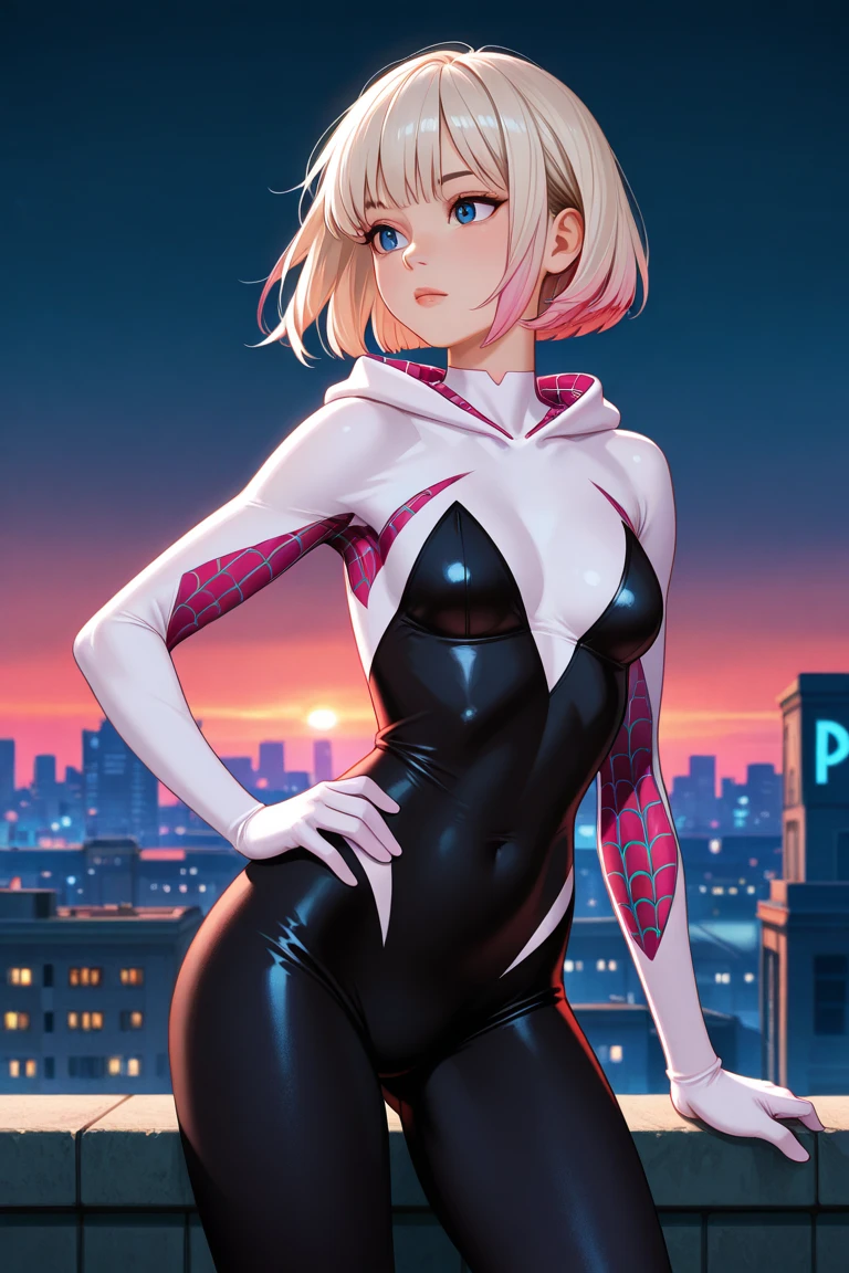 (work of art),best qualityer, blue colored eyes, medium breasts, average ass, sultry eyes, view from the top, spidergirl on top of a building in an action pose, dynamic pose, cowboy framing, nighttime city,