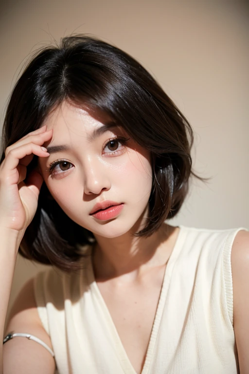 (((Face close-up)))、(((Brown, shoulder-length, straight short bob)))、(((She is posing like a model at a hair salon., Indoors, against a black wall.)))、Half Japanese, Half Korean、18-year-old girl、Independent、I'm looking forward to、Light eye makeup、Brown Hair Color、Flat 、Hair blowing in the wind、Quality of actress、Shiny, Ultra-realistic faces、smile、Watery eye、look up、Subtle lighting effects、 Ultra-Realistic Capture、Very detailed、High resolution 16k human skin closeup。Skin texture must be natural、The detail must be such that the pores are clearly visible.、skin is healthy、Even Tone、Use natural light and colour、Worn out, High quality photos taken by modeling agencies'In-house photographer.、smile、(((Sigma 300mm F/1.4,1/1000 sec shutter,ISO400))),((((Fully nude)))),((((nsfw))))