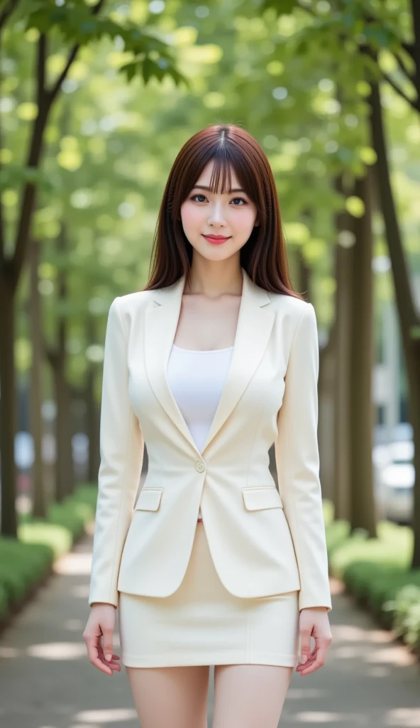table top, highest quality, realistic, Super detailed, finely, High resolution, 8k wallpaper, 1 beautiful woman,, light brown messy hair, wearing a business suit, sharp focus, perfect dynamic composition, detailed and beautiful eyes, fine hair, Detailed and realistic skin texture, smile,  model body shape、beautiful legs、sit on a park bench、Talking、Chatting