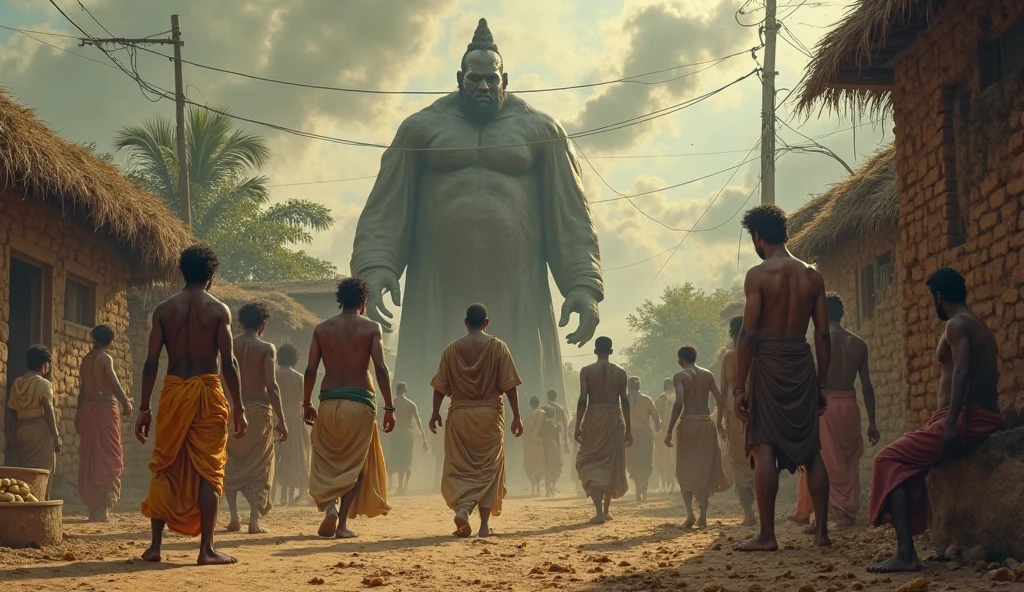 Crowd of full men carry goverdhan parwat with the help of lathi