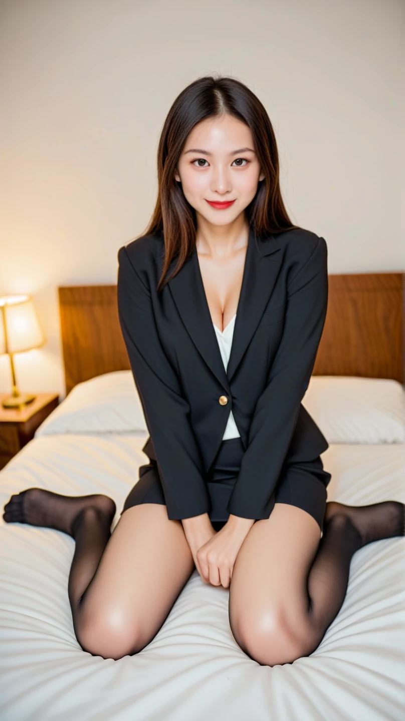 wear Japanese school uniform,wear a blazer、wear a pleated skirt、show panties、 ponytail, japanese girl, 8K, law pictures, highest quality, masterpiece, realistic, Photorealistic super detail, one girl, cute, best smile, beautiful eyes, long hair, perfect face,full body shot