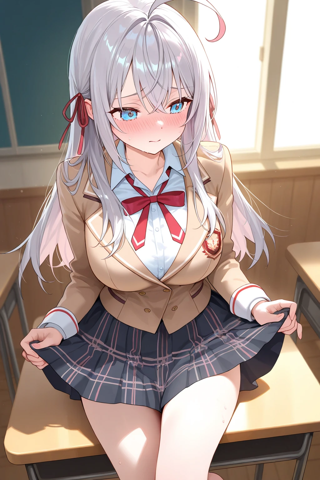 ((1 girl:1.5))、(smile:1.5)、、（cowboy shot）、(fun!!)、(white cardigan:1.5)、(dog ears)、(silver hair)、(blush:1.5)、(long hair)、(eye highlights:1.3)、blake black shoes,(黒いskirt:1.5)、bow, button, shirt with collar, long sleeve,  ((red bow tie, ,, white shirt, チェック柄のskirt:1.5、white socks)),, shirt,, skirt, socks, thighs, white shirt, Rest indoors, ((classroom:1.5))、 BREAK while watching the audience、 (perfect hands, perfect anatomy),cowboy shot、(skirtlift:1.3),(highly detailed white panties:1.3)、(highly detailed panties:1.3)、、(skirt that rolls up:1.3)、(fully exposed panties:1.5)、light blue eyes