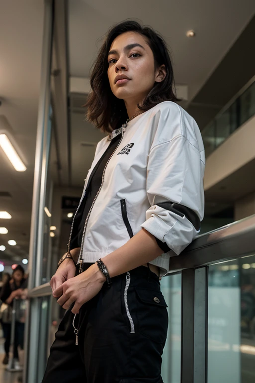 A tough and unapologetic 23-year-old woman with a fit, gym-trained body, standing with gritty confidence in a dark, trash-littered alleyway. She wears a white Calvin Klein underwear set, its waistband boldly visible above a pair of ultra-baggy, low-slung hip-hop pants that hang just above her thighs. Her oversized, distressed bomber jacket falls loosely off her shoulders, sleeves drooping low, exposing her crop top and toned abs. The fabric is worn, stained, and frayed—like it’s lived through chaos. Her chunky combat boots are scuffed and dusty, perfect for stomping through the city underground. She stands with her legs slightly apart, grounded like a street warrior. Her left hand rests on her hip with swagger, while her right hand drags a heavy, dented baseball bat across the cracked concrete floor. Her face is fierce—jaw set, eyes narrowed with defiance. Her chin tilts slightly up, nose pointed skyward, wearing a smug, untouchable expression. Her shoulder-length hair is slightly messy, textured like it’s been through wind and smoke. The background is a raw, graffiti-covered alley soaked in dim, yellowed streetlight. Posters peel off brick walls, grime clings to metal doors, and a faint mist rises from underground vents. There's dust in the air, flickering neon signs in the distance, and the whole scene feels like a rebel’s hideout—loud, unclean, and full of soul. The colors are muted—grays, browns, and faded reds—with grainy textures and high contrast shadows that bring out the roughness of the environment. Cinematic, full-body grunge splash art in 9:16.