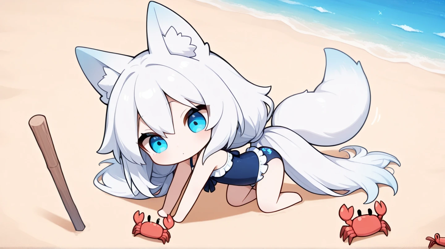 cute, young, loli, flat chest, catgirl, nude, happy, open mouth, on beach, fluffy white tail, long hair, proud, white hair, confident pose, long tail, running toward viewer, showing off, low perspective