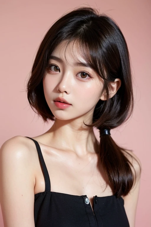 Kim Jennie de blackpink con el cabello rubio claro, cabello rubio con ondulado, cabello de color rubio ondulado, with small fringes, ojos color negro, nariz respingada y bonita, labios gruesos, Cupid and heart shaped lips, labios rosas, piel blanca, piel bonita y suave, con pecas y lunares, cejas bonitas, marked and beautiful clavicle, mientras tiene un polo con rosas color rojo tinto, rojo oscuro, con un short corto, short bonito y corto, abdomen delgado y bonito, escote desnudo, while his back is turned, mostrando su espalda bonito y delgada, (pechos grandes, pechos suaves, pechos naturales, escote desnudo), mientras agarra una rosa,  in a room with a pink background, mirando a la camara, autofoto