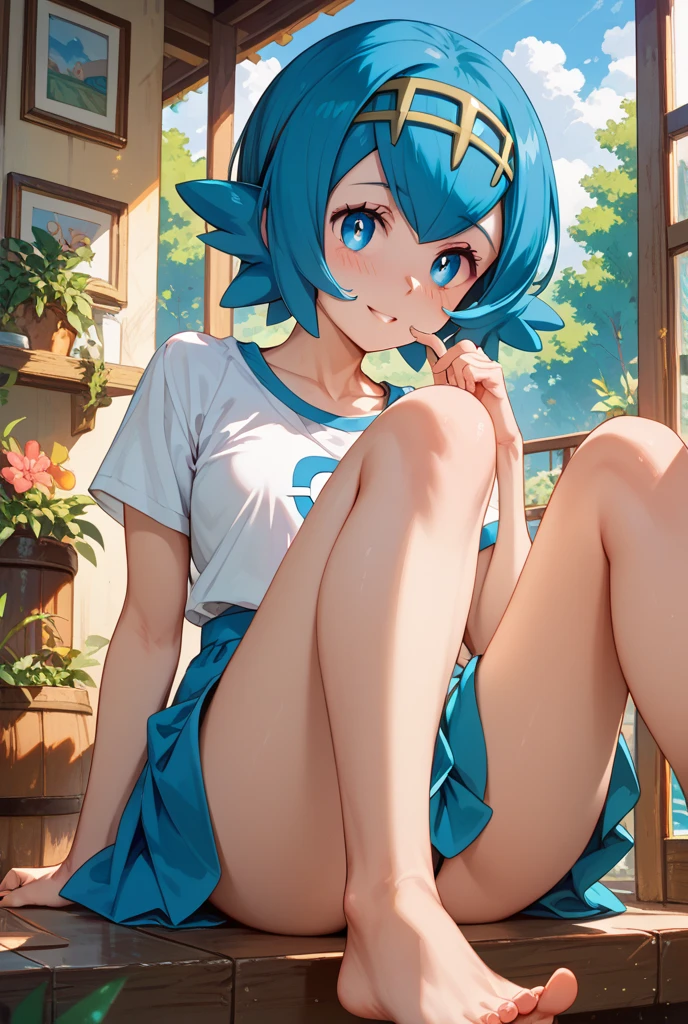mio aikatsu, mio minato aikatsu, skyblue hair, short hair, (((((nude))))), flat chest, vagina, sit on rock, open legs, angle from below, from front, focus on vagina, masterpiece, best quality, 4k, ultra detailed eyes,