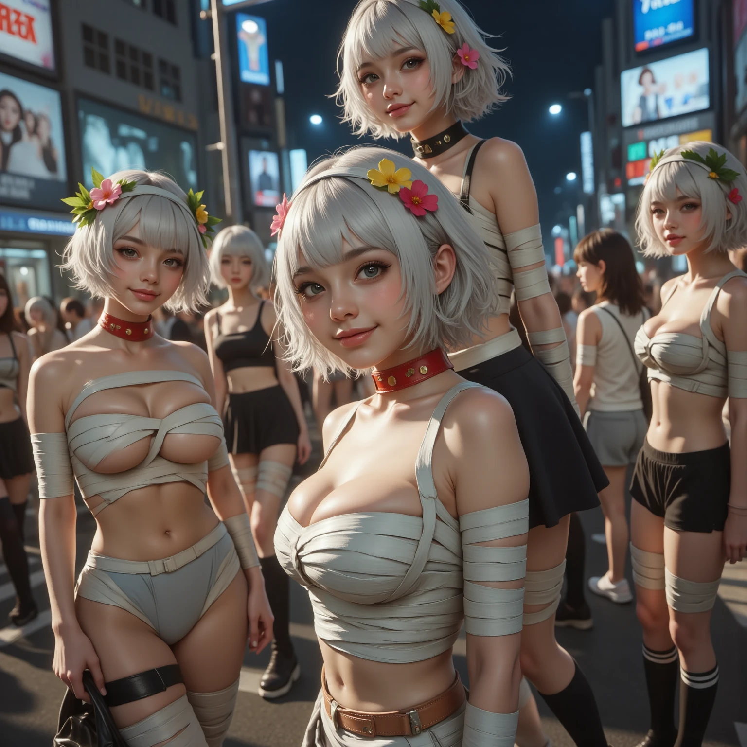 White and Red, ExtremelyDetailed(((GroupPhoto of KAWAII 5 Girls:1.4) (in White Fundoshi and Sarasi Bandage) at Hakata Gion Ymakasa)), {(Standing Full Body:1.2)|(from below:1.2)}, {Different types of hair colors|Braid Hair with bun|OKAPPA}, (Detailed KAWAII face, Detailed Radiant PearlSkin with Transparency), {FlowerHairpins | White Happi-Coat with Red Obi-Belt | FoldingFan |(Childish:1.2)|(Gigantic Cleavage:1.2)|(Underboob:1.2)|((Assfocus)Roundly TinyButts)}, (((Bare-Legs, No-Leg-Wear))) BREAK (Acutance:0.85), {Flowers | Downtown|BustlingStreet|(Passerby schoolgirls)| Lanterns | neon | Illuminations | Haze}, {(Dazzling Bullard ColorfulLights)|(Red clouds)}, MysticSight, {:p|:d|laugh|sparkle|joyful|delighted}, DuskSky with ((Dazzling RainbowColor Particles (BokeH))), SFW,