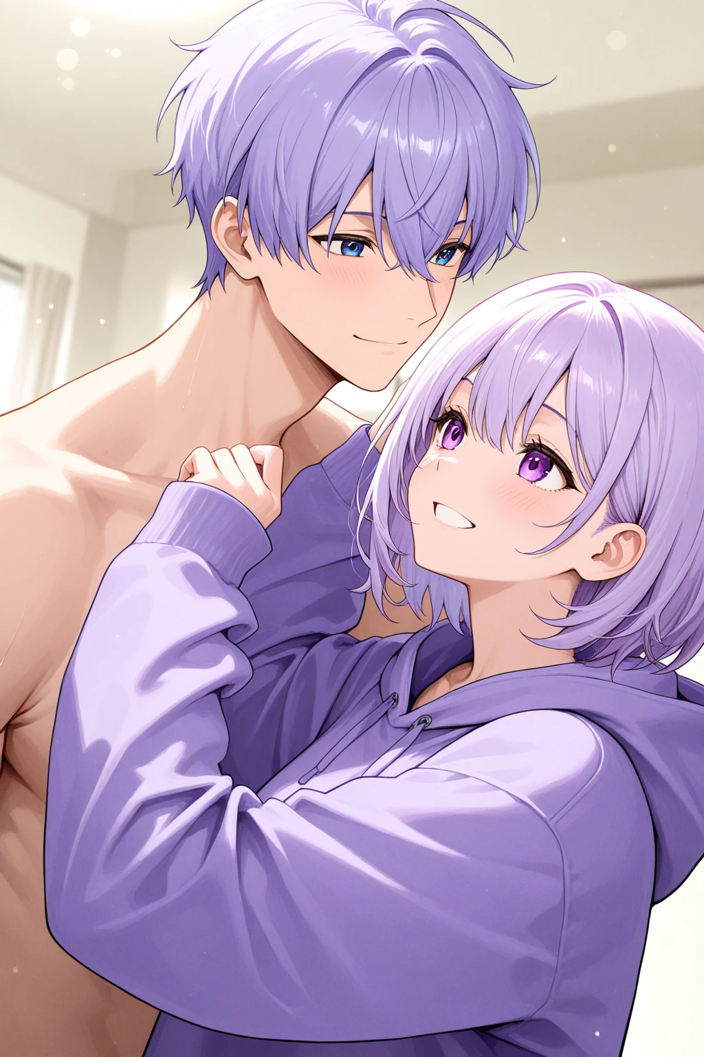 cute male, cat ears, cat tail, looking at camera, smiling, white hair, shirtless, white jockstrap, laying on bed, japanese house, 4 , cute boy, small body, no shirt, black neck collar, jockstrap, bulge, hands behind head, (hugging a purple haired cute male, shirtless, wolf ears, wolf tail, purple jockstrap, small body, cute boy)