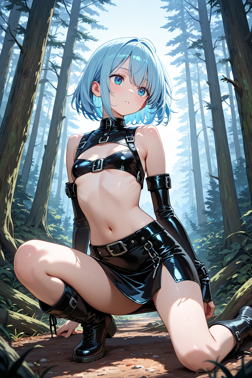 masterpiece, best quality, highres,
XenoviaDef, 1girl, solo, blue hair, yellow eyes, two-tone hair, sidelocks, multicolored hair, short hair, streaked hair, bangs, hair between eyes, medium breasts, breasts, large breasts, expressionless, frown, raised eyebrows,
thighhighs, gloves, short sleeves, boots, green hair, black gloves, elbow gloves, black thighhighs, fingerless gloves, black footwear, leotard, covered navel, thigh strap, shadow, turtleneck, halterneck, thigh boots, black leotard, on floor, arm strap, strap, impossible leotard, cross, cross necklace,
sitting, cowboy shot, arms behind head, arms up, looking at viewer, forest, sunlight, cloudy, laughing, <lora:Xenovia:1>