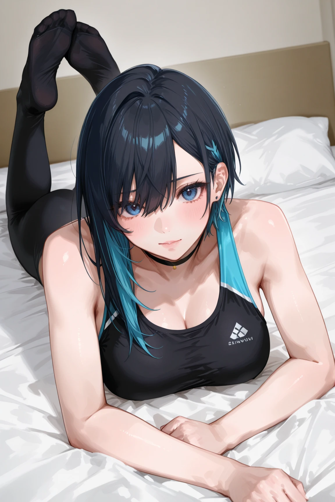 masterpiece,extremely detailed,1girl,solo,(saori \(blue archive\):1.15),(mouth mask),(sprawled on bed:1.1),detailed sparkling eyes looking at camera,bedazzling eyes watching you,sexy stretch,detailed close up on abdomen,(visible hip bones),bare stomach gleaming with sweat,(zoom in on navel),exposed hips,(long midriff:1.2),extremely detailed midriff,sexy tummy,bare stomach,hands overhead,arms raised all the way up,exposed hip bones,beautiful blue eyes watching you in disappointment,(black pants pulled down below waist:1.2),black crop top,armpit,long hair,black hair,black baseball cap,halo,underboob,white background,cinematic glitter,high res,4K,high quality,trending on pixiv
