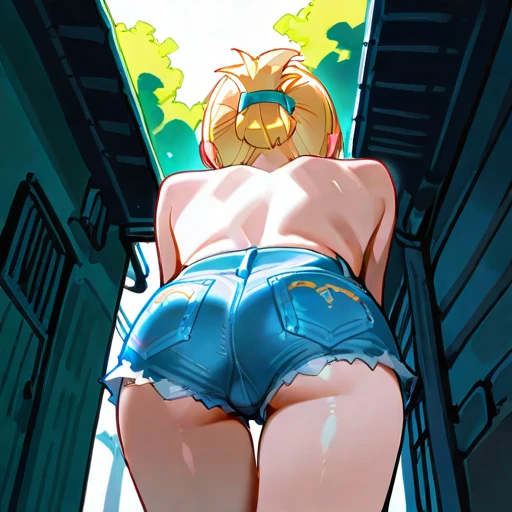 1girl, sexy horny 7yearold blonde slut is wearing slutty shorts and a crop_top and is posing for you in an alleyway. huge ass, flat_boobs, looking at viewer, thong, sexy pose, front view