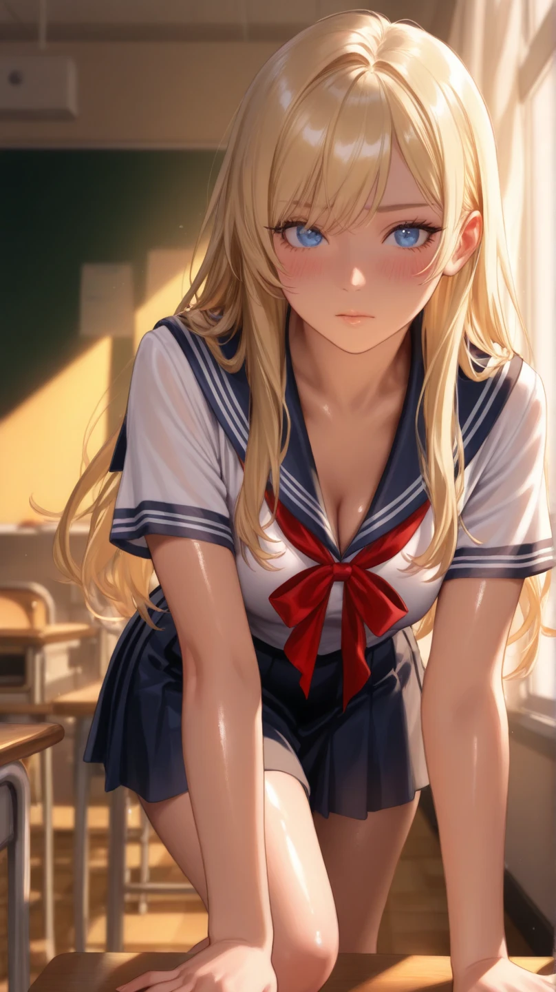 (1 woman),  (Micro thong), (((under boob))),  ((Crop Top shirt)), ((spread legs, one knee up)), (Sailor school uniform only for the upper body), (white short shirt), summer clothes, ((Red Ribbon Tie)), ((sheer white long thigh-high socks)), long thigh high socks, (((long gloves))), masterpiece, Best Quality, High quality, High Definition, Finely detailed, Detailed texture, realistic representation of face, Realistic, Colorful, Ray tracing, (((lighting forward))), ahegao, sad, smile, (((crying))), (drooling), (((steam))), (glowing eyes),  (Detailed beautiful delicate face, Detailed beautiful eyes, A perfectly proportioned face, High detailed skin, best ratio four finger and one thumb, (((Glowing white shiny skin))), (oiled skin), (large breasts), ((Smooth texture, Realistic texture, Photorealistic)), ((Green eyes)), (((blonde semi-long hair, ponytail))),  (Beautiful face, Cute face, Detailed face), on a bed