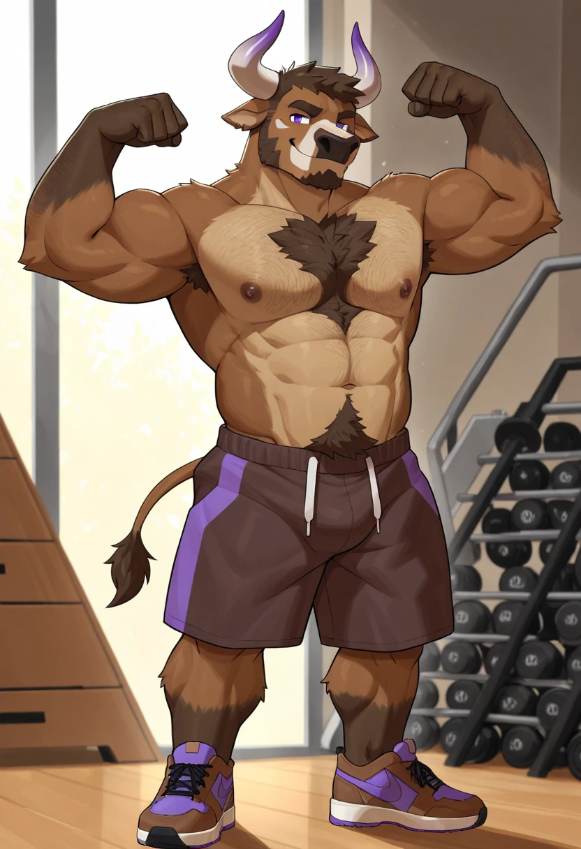 solo, 1boy, Huge Muscular Old Grizzly Bear wearing glasses , pectoral, huge pectoral, wide pectoral, short white hair, short pants and shirtless topless, bearded, Mustache, simple background, masterpiece, high detailed, 8k, high resolution, at the gym, flexes huge muscles
