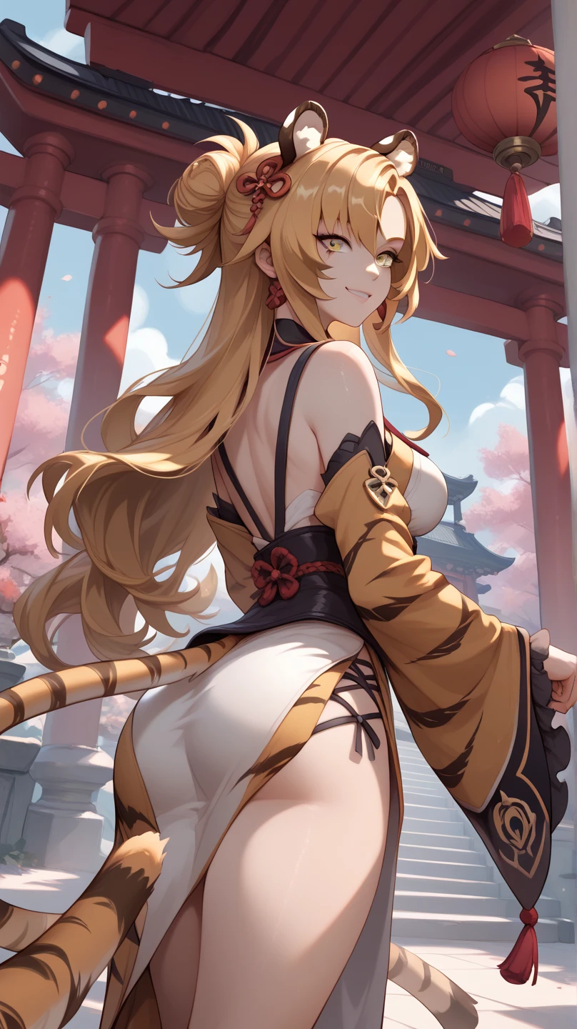 1 girl, long blond hair,  green eyes,  9  kitsune tails,  kitsune,  monster girl, naked, large breasts,  large ass, wide hips, thick thighs,  mischievous look, mischievous smile, ancient Japanese temple surrounding, sitting on legs, ass exposed, back angle, curvy ass, shiny softass, ass close to camera, looking down,  close up, pov: she’s sitting ontop of me, ass ontop of a chest, pov, beautiful,  masterpiece, sitting on a bed.