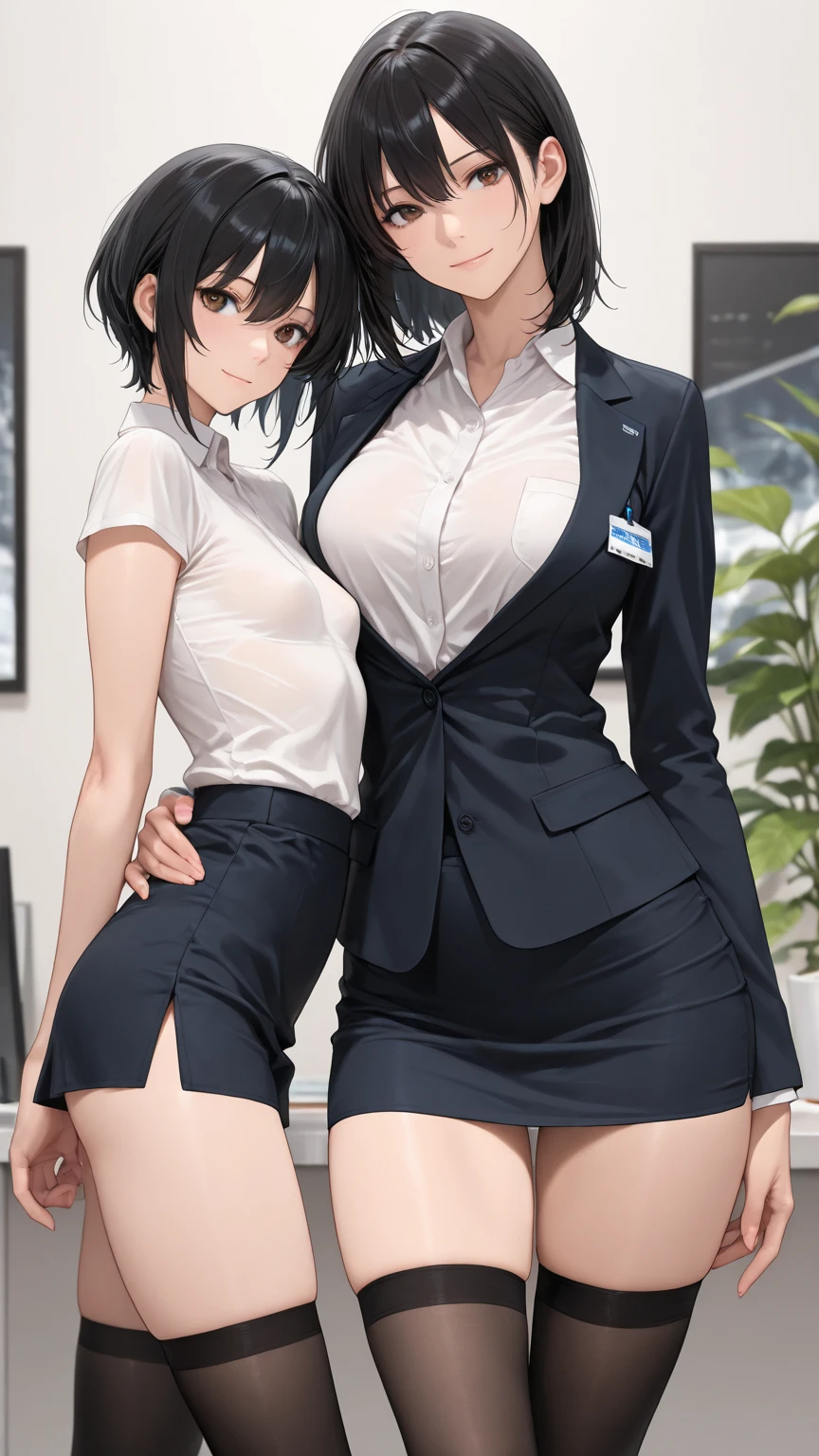 Highest quality、masterpiece、8k、Very detailed、Realistic、One girl、Looking at me with a smile、Black Hair、Short Hair、Small face、Slender、Big Breasts、Thin and beautiful legs、narrow and constricted waist,、((Open center tight shirt:1.5))、Tight Skirt、Dressed like a female teacher、(Erect nipples:1.2)、(50 years old:1.2)、(Wrinkles around the eyes:1.2)、(wrinkles around the mouth:1.2)