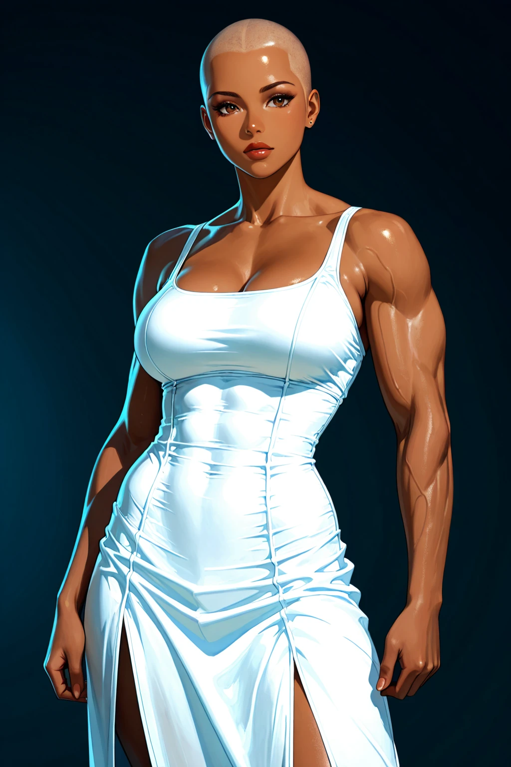 ((masterpiece)),(((best quality))),((character design sheet)), Drawing of female fitness model, toned body, feminine, huge upper body, focus on torso, wide shoulders, veins, beautiful face, full lips, slim face, high cheekbones,, rough sketches, pose, 8k,16k, (simple background, white background: 1.3) ((cool color palette)), ((white crop top, white skirt))