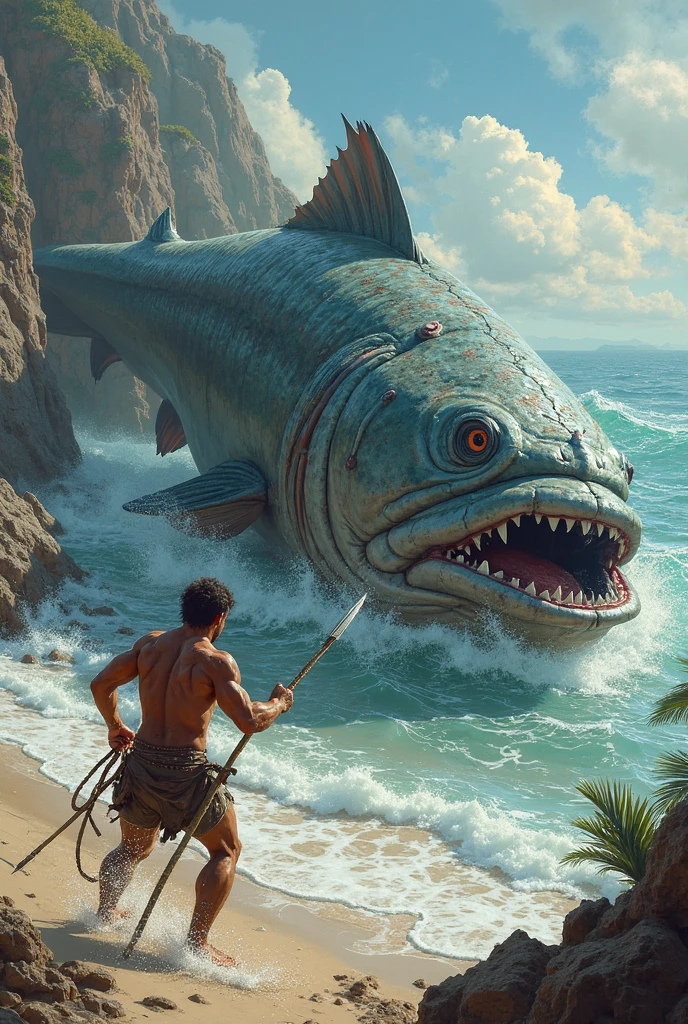 **A huge, bizarre-looking, sharp-toothed fish jumping on the water with its mouth wide open and eating a human, blood dripping from his mouth, a view from above, a dark atmosphere, character white line, Webtoon style, high quality, HD --ar 16:9 --v 6.1, photorealistic** - Image #4 