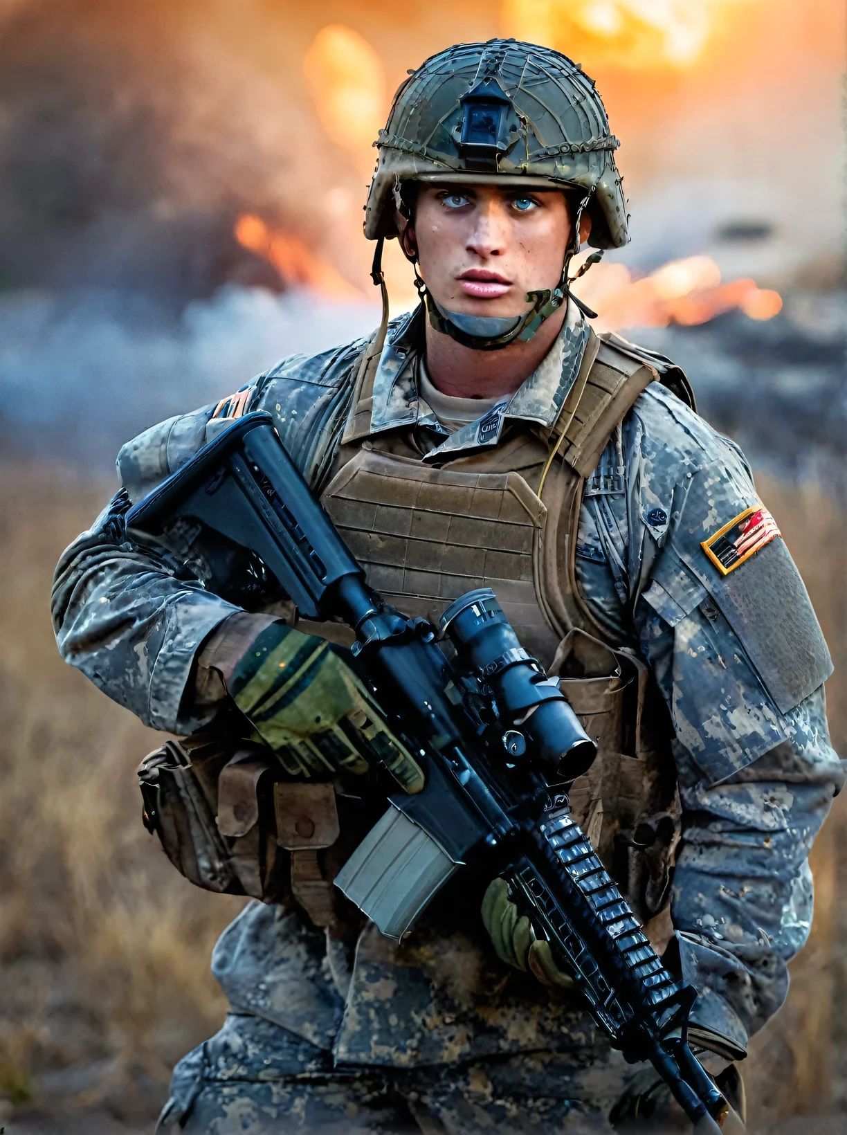 (blue eyes:1.1) ,(Battlefield photo) of a (24 yo handsome 1679667253American man)(professional soldier)(camouflage uniform)(defensive position)(smoke and explosions)(European setting)(late afternoon dusk lighting) high camera angle, long zoom (in the style of [Apocalypse Now | Generation Kill | Platoon])(post-processing: .25 unsharp mask, S curve, dodge and burn, mid-level contrast, dark edge vignette) <lora:LCM-LoRA-XL_V1:0.1> <lora:people_005_cosine_iter2_ 0000005_sdxl_10epoches_adafactor:0.8> <lora:SDXLHighDetail_v5:0.6> <lora:add-detail-xl:0.6>