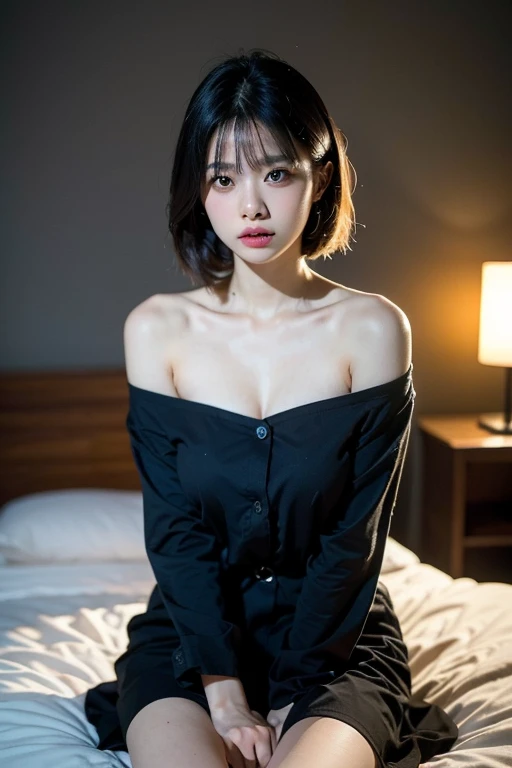 (Best quality, 8k, 32k, Masterpiece, UHD:1.2) "Generate a captivating artwork featuring a young Japanese girl model with short, sleek black hair styled in a chic bob haircut. Envision her bathed in dramatic cinematic lighting, creating an atmosphere of allure and mystery. Emphasize a romantic aesthetic vibe, showcasing the model in a poised and elegant pose that evokes a sense of intimacy and sophistication. Utilize warm and soft tones to enhance the romantic ambiance, and consider incorporating elements like flowing fabrics or flowers to add a touch of ethereal beauty. Capture the essence of romance and beauty through the model's expression, the play of light and shadows, and the overall aesthetic, creating a visually compelling and emotionally resonant piece." (perfect eyes), flawless skin, flawless face, cinematic, tight body, ((well-proportion female hands)), ((female hands with five digits)) ((Body is well proportioned)), ((chic bob haircut)), soft focus ((Short Black Hair)),
