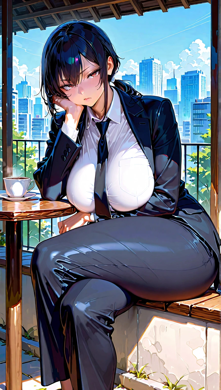 woman in tight, short clothes, nipples showing, blushing, sitting in cafe, wet skirt