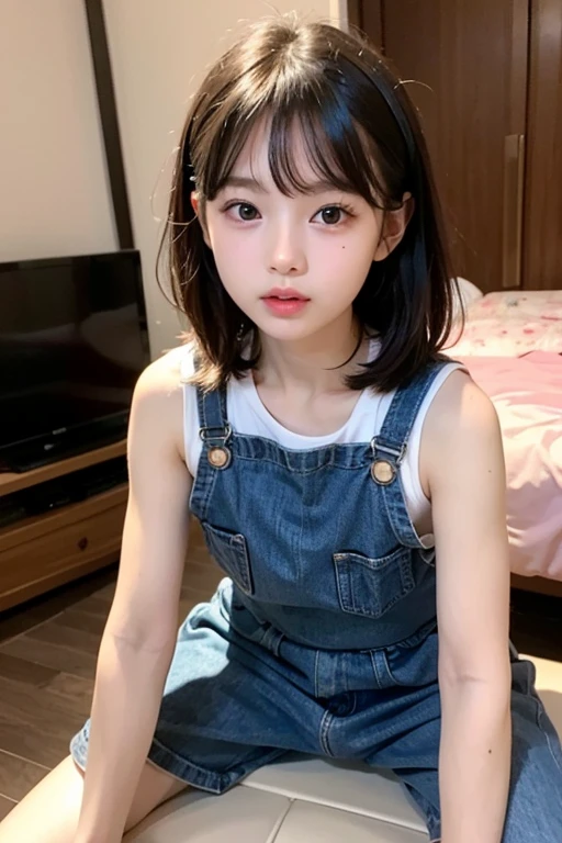 Japanese,Beautiful 6 years old,Baby Face、Upper body image、Ultra-flat chest:1.85、Ultra short height、An innocent smile、Flat Chestのクローズアップ、Flat Chest:1.85、cute,Primary school students,clavicle、Primary school studentsの私服、Summer clothes、So small and so young、On the bed:1.85、She has her arms open wide waiting for a hug:1.85、Big frilly ribbon:1.85、Nipples、Wet shirt、Primary school students