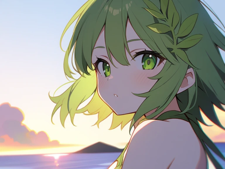 One girl,alone,kusanagi nene,Green Hair,Purple Eyes,Swimwear,project sekai,long hair,cute,cute,smile,nsfw,Upper body naked,