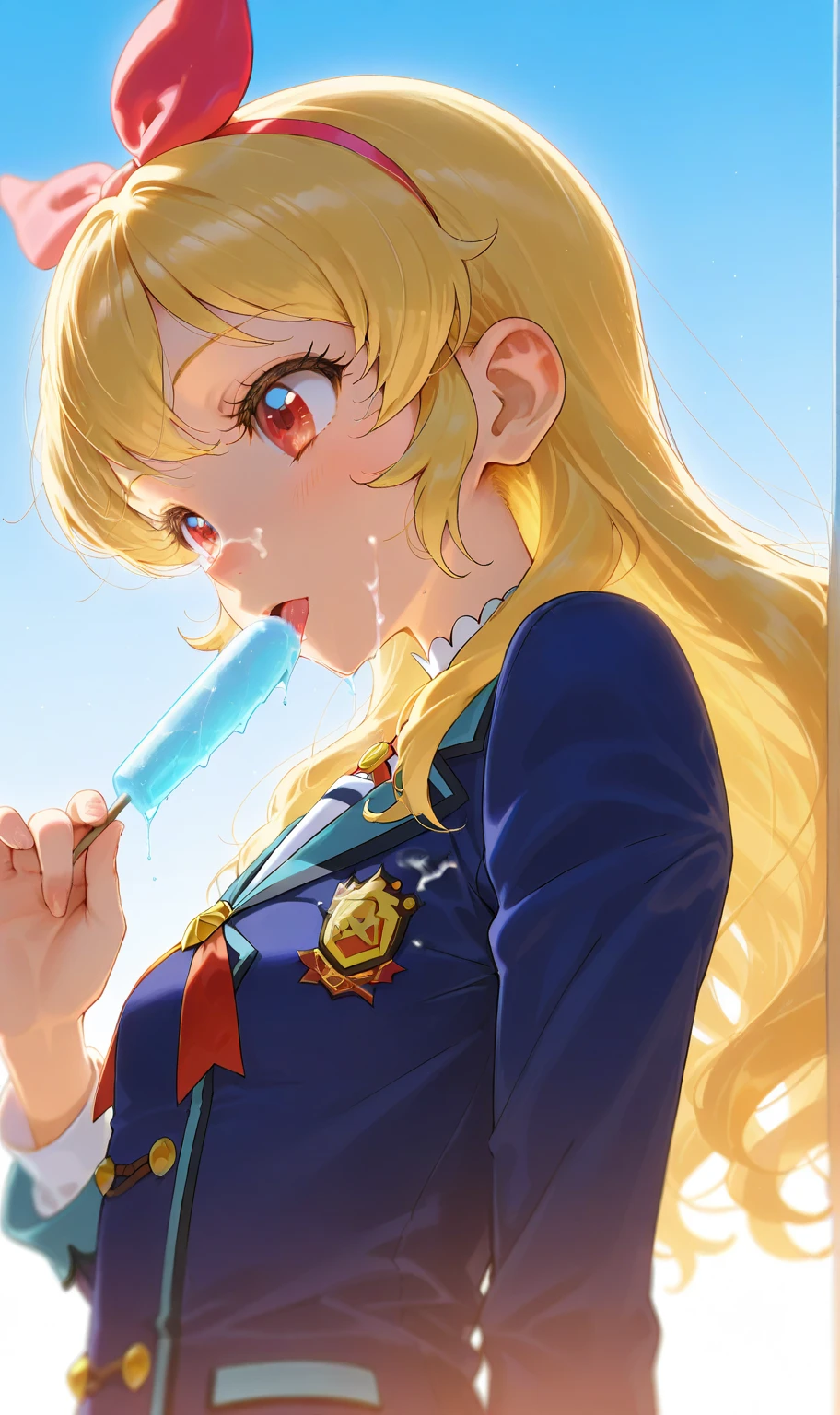 My hero Academia style, Himiko Toga from My Hero Academia, smile, squinted eyes, blushing, large waist, large breasts, long tongue, licking a popsicle