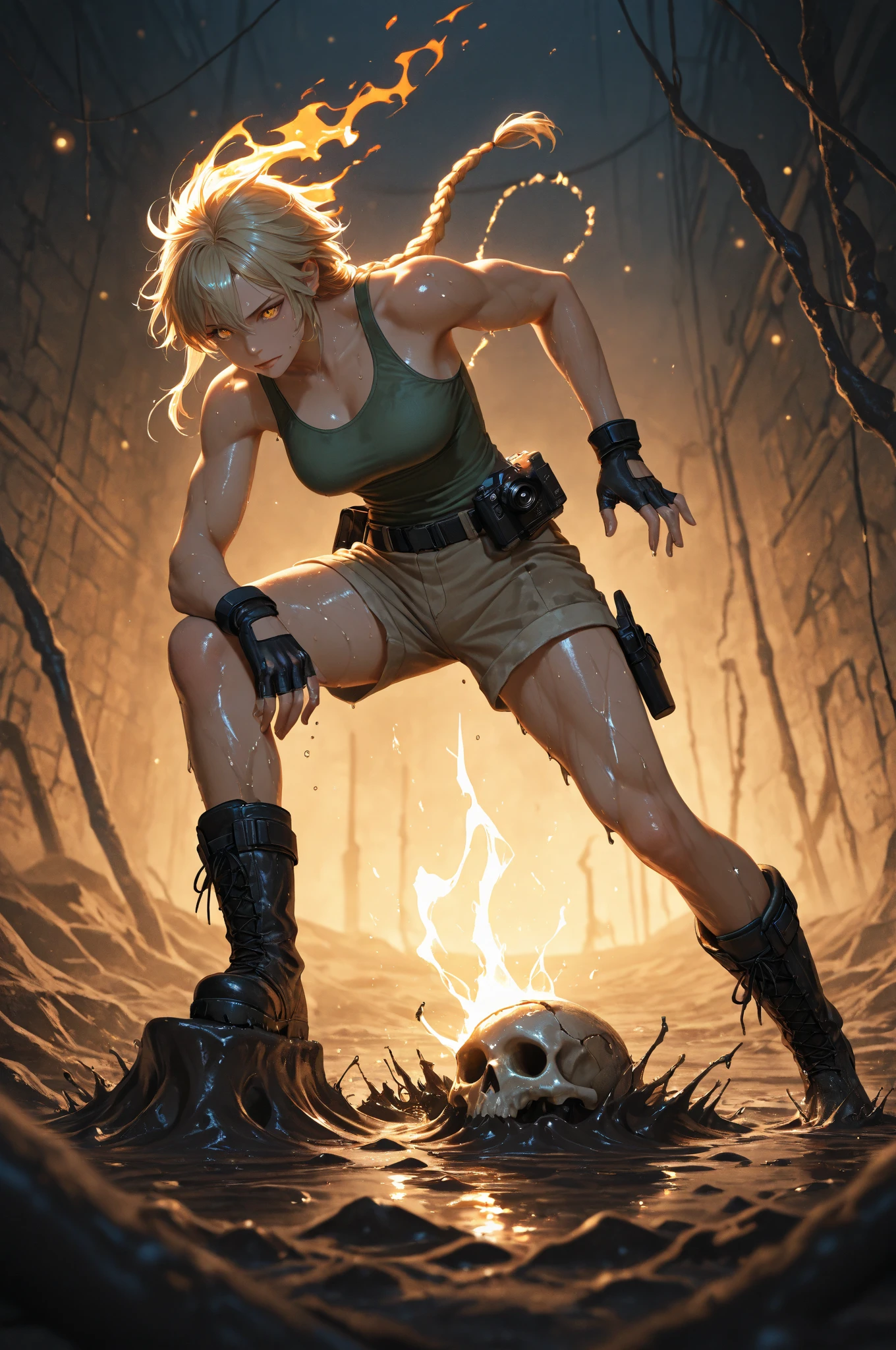Helen Skelton, Vietnam War era, close-up action shot from ground level, naked US soldier in action, frowning, sweating, damp blonde hair, bloodied and bruised, sunny, holding M16, on a bloody battlefield, explosion, fires