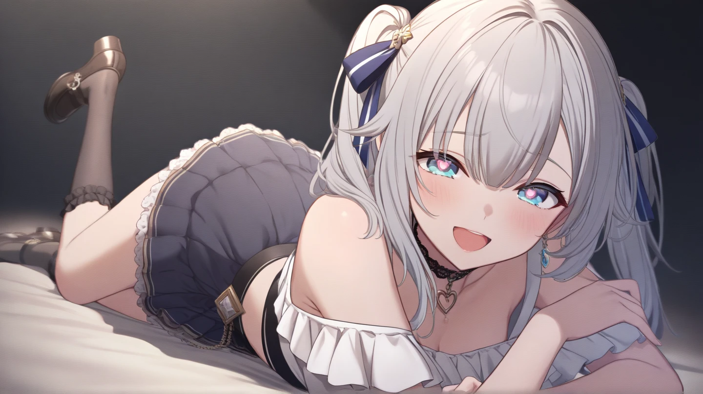 bronya, long grey hair, beautiful face,smiling,close up to hips, moderate breast, sitting on bed leaning slightly back, wearing white pajamas, (open mouth:0.4),illustration,detailed textures,ultra-detailed,portrait style,vivid colors,soft lighting. blushing, black bras, in love, 1 girl, pov kiss
