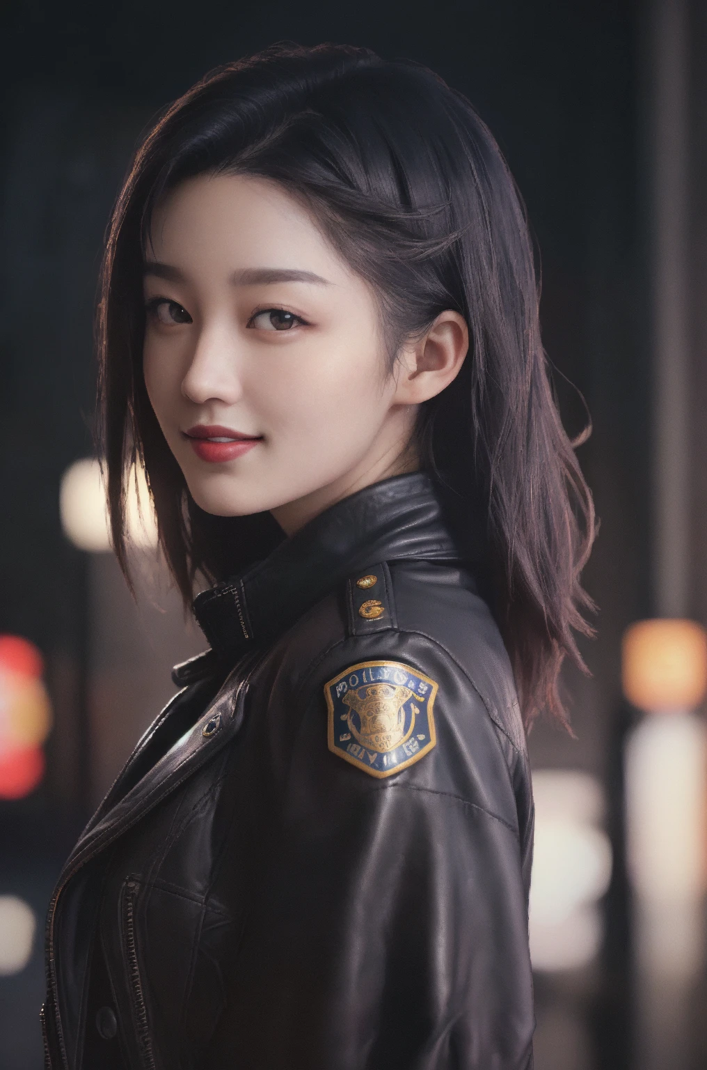 Portrait of a beautiful female model natlp, Georgia Fowler, Beautiful Face, Short dark brown hair, Cyberpunk city at night. She is wearing a leather jacket, Black jeans, Dramatic lighting, (Police Badge:1.2)