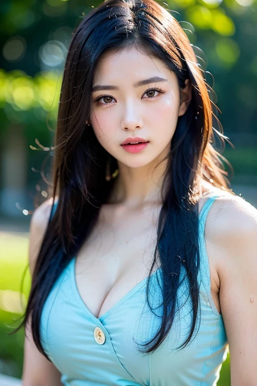 photograph, masterpiece, highest quality, (Long Hair:1.2), Bright eyes with attention to detail, Heavy eye makeup, mascara, Detailed Hair, Big Breasts, Cleavage, (detailed skin and pores:1.2),Slim waist, Bokeh, Depth of written boundary, Lighting, , (play of light :1.2), Super detailed, Sexy mini dresses,Full body hip-raising pose , Pose 1.4. To the camera , Various shot angles