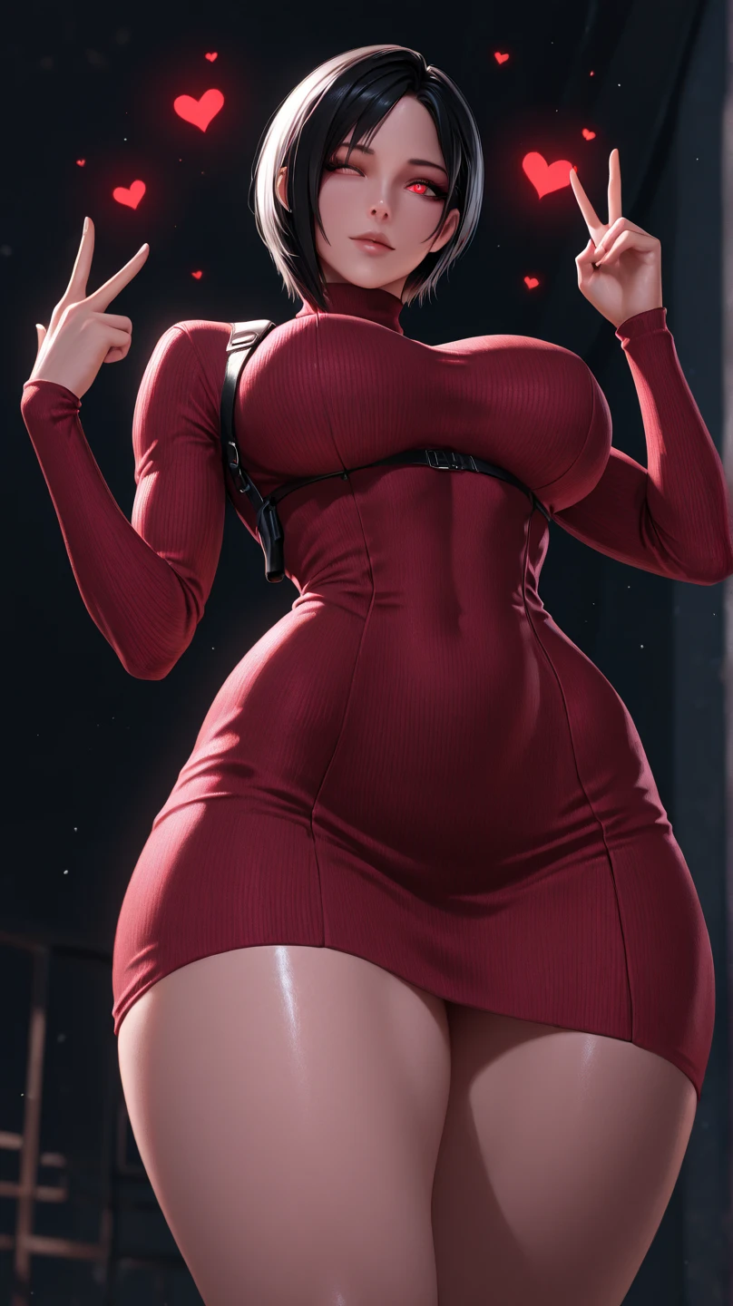 korean idol　mature woman　((Chubby round face arafe))　big breasts　blonde short hair　wavy hair　fancy makeup　Bright red rouge lips　Sexy gaze　Glossy Enamel Leather Black Bodycon Dress、black stockings　(fancy lighting stage)　Gorgeous atmosphere woman　((Clothes))　Looking at the camera　Low angle shooting　duck mouth
