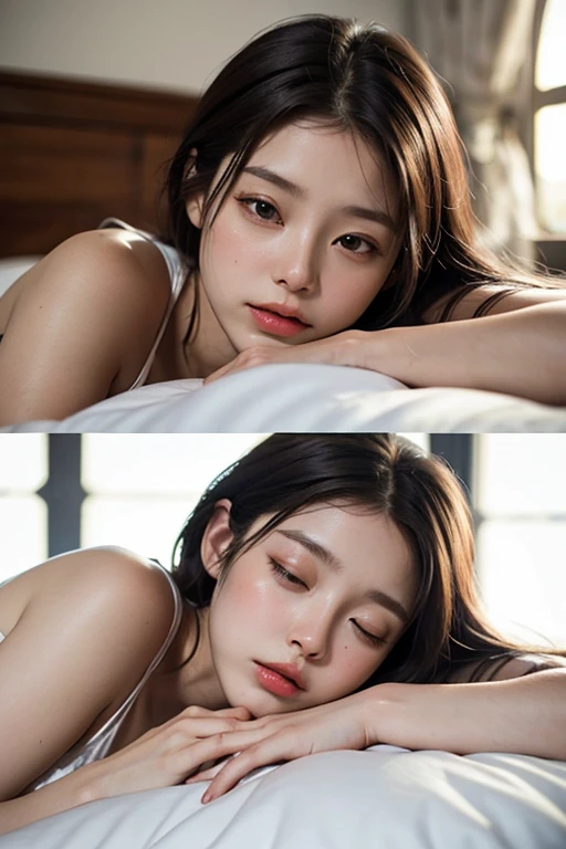 (Sleeping girl:2.0)、Beautiful young girl with mouth open、Long black hair、Detailed eyes、Detailed face、Detailed lips、In underwear、Calm expression、Soft lighting、Warm colors、Cinematic composition、Photorealistic、8K、high quality、Digital Painting