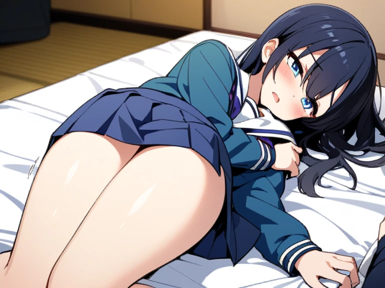 ((1girl, hetero, 1boy, ?????, ???, pussy, solo focus, spread legs, vaginal, ????, pov, missionary, lying, on back, legs up, soles , feet)), masterpiece, highest quality, High resolution, (1 Girl), highest quality, High resolution, Miyuki Shiba, blue eyes, Black Hair, on bed, bedroom,