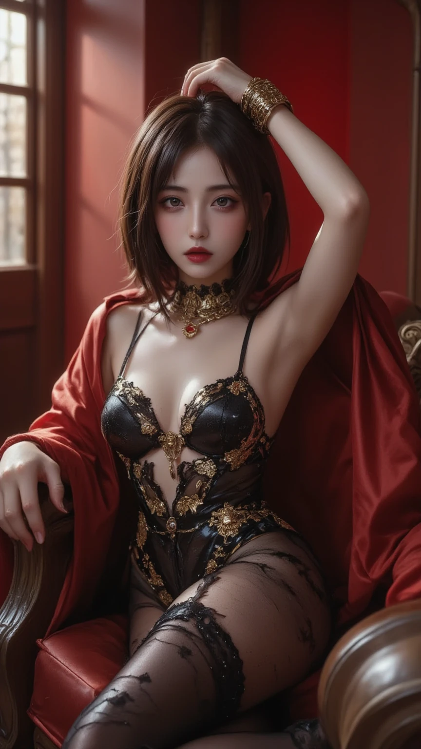 Fine、(The best illustrations)、8k UHD resolution、intricate-detail、top-quality、realisitic、ultra-detailliert、The best lighting、Best Shadows、Soft lighting、Ulutra HD、1 beautiful devil woman from hell, surreal female portraits by David Hockney and Alphonse Mucha, Portrait of an enchanting woman by a court painter、Fantasy Art, Chinese Doll、Chinese actress、Dungeon and Dragon、Devil's Palace、Devil's Torture Chamber、magia、 A Necromancer、natta、Dark style、Succubus、Devil's Daughter、Bat Wings,(((Demon Horns)))、((((black-rimmed round glasses))))、(((Colossal tits)))、(Devil's Tail)、(red eyes glowing:1.6)、 intricate tattoos, demonic intricate tattoos, thigh tattoos, body tattoos, masterpiece、beautiful countenance、a baby face、Muscular seductive body、The enchanting body of the devil、Seductive Black Magic Costume、A shiny red snake is wrapped around her hand、Tindall Effect、photos realistic、(High Detail Skins:1.2)、 (Intricate details, makeup, pureerosface_v1:0.5), (Detailed beautiful delicate face, Detailed beautiful delicate eyes, A perfectly proportioned face, High detailed skin, Detailed skin, best ratio four finger and one thumb, arms below breasts, Tattoo with a red glow under the stomach、Awesome awesome, wide hips, smooth midriff, skiny and thin, __Fashion__, __hair__:1.25)、Digital SLR、hightquality、a picture、hight resolution、 absurderes、Ponytail distortion、女の子1人、Red sparkling gemstone necklace、jewely、Beautiful expression、Body Up、Large breasts emphasis、Toned waist、Wide buttocks、Devil's Tail、intricate tattoos, demonic intricate tattoos, thigh tattoos, body tattoos, effect、Photorealsitic、(High Detail Skins:1.2)、In the Dark, lowkey, cowboy lens, (Black Phoenix Dress: 1.0), Seductive Black Magic Costume、Long hair, Black hair, Bust, Devil's Palace, devil crown, red eyes make up very sharp and detailed, The most beautiful face, Super tight breasts, Breast augmentation surgery, The breasts are very big and round and round, Black magic costume、Super realistic , Charming smile,a baby face、 The eyes are very