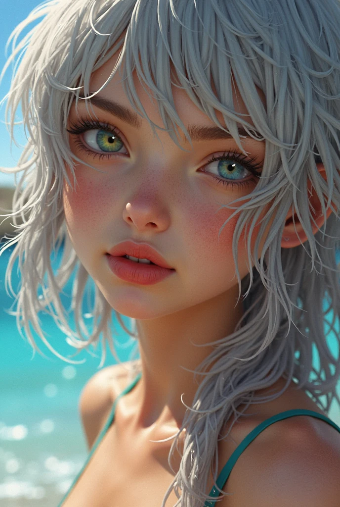 (best quality, masterpiece :1.3), pretty Woman, 1 girl, (Large Breasts, Beautiful clavicle, Attractive figure :1.2), short hair, Wavy ends, Silver hair gradient light blue hair, messy hair, single sidelock, (wet from rain, get wet by rain, wet :1.2), Sky blue gradient lake green eyes, pupils reflect surroundings, super detailed face, delicate lips, exquisite eyes, double eyelids, long upper eyelashes, upturned eyes, pupils sparkling, 16k, high details