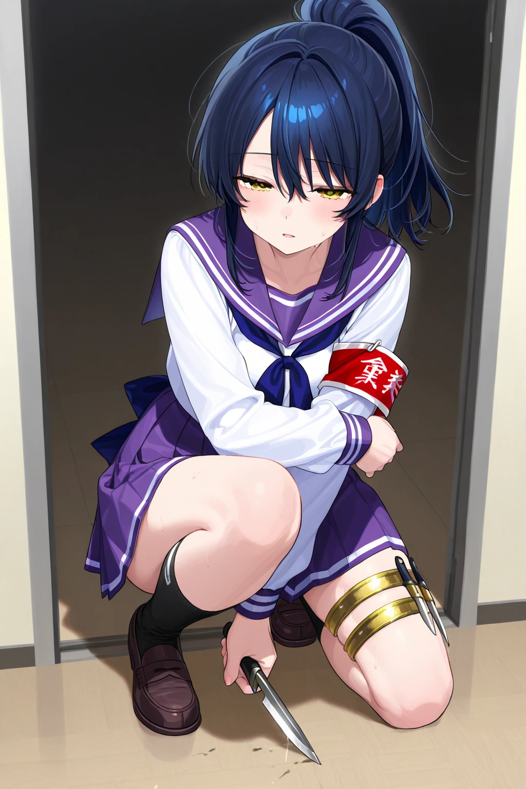 (masterpiece), best quality, expressive eyes, highres, anatomically correct, 1girl, perfect face, perfect hands, female, short hair, messy hair, wavy hair, purple hair, side bang, purple eyes, fair skin, medium chest, slight smirk, bondage, tied up, restrained, restricted, tied, harness, rope, arms behind back, hands behind back, purple glasses, school girl, school outfit, tight skirt, standing up, on feet, school hallway, school, hall way