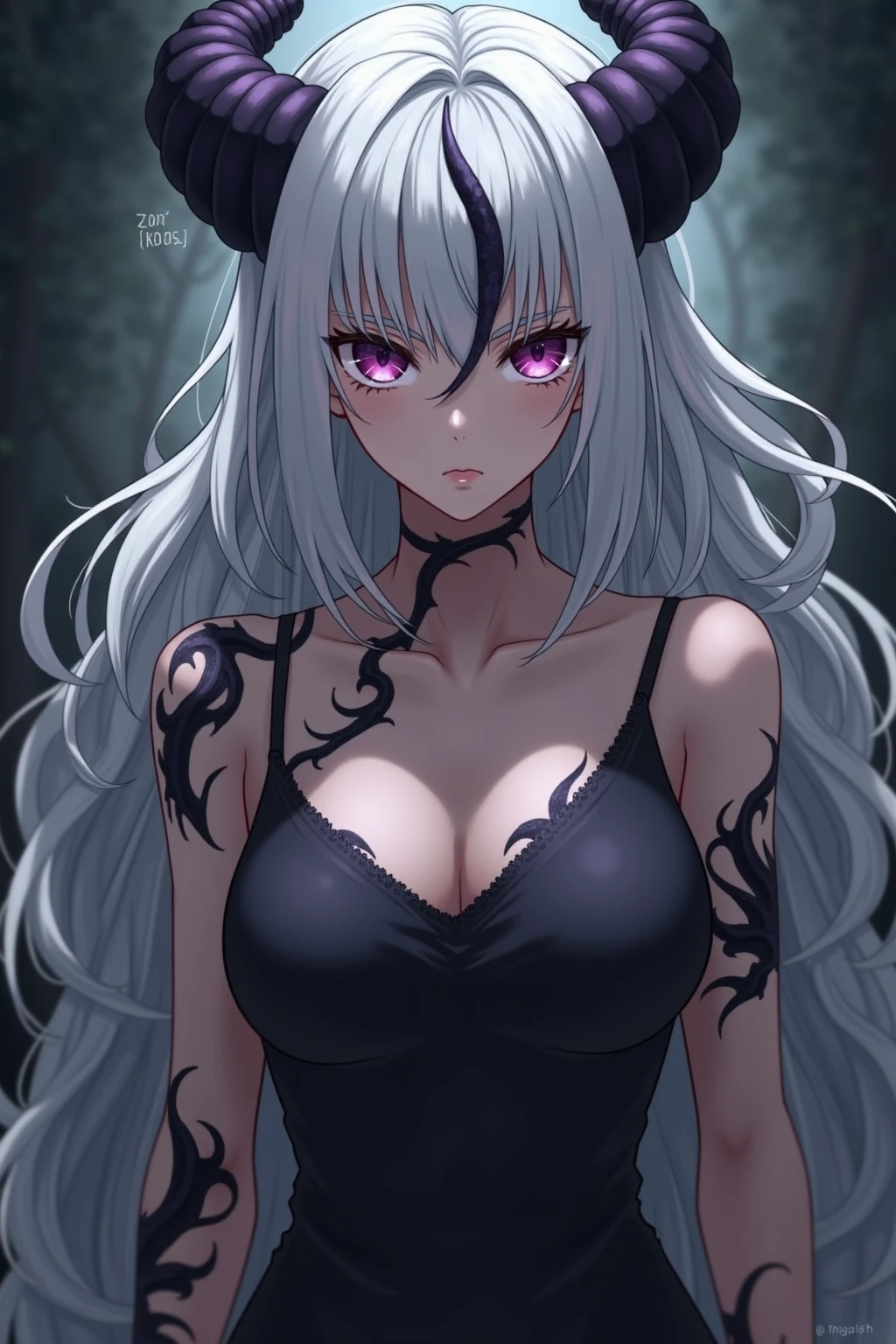 Un personnage féminin avec la peau noir mais la couleur noir, et des cheveux blanc les trait ressorte en blanc pour qu'ont comprennent ont sont les contour puis des épines tout autour de sa tête avec une robe courte rouge bordeaux mais cette femme badass version anime les cheveux long tombant avec une frange les yeux blanc aussi, des épine noir sur tout la tête le visage meme