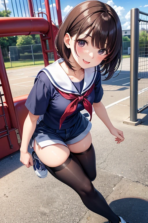 A cute and cute girl wears a fluffy bow on her head and wears a sailor suit and white stockings. Details(White and translucent meat)Detailed eyes, detailed facial features, perfect body proportions, a sweet smile, thick-soled platform shoes, sunny and lively scene setting, on the school campus lawn.。