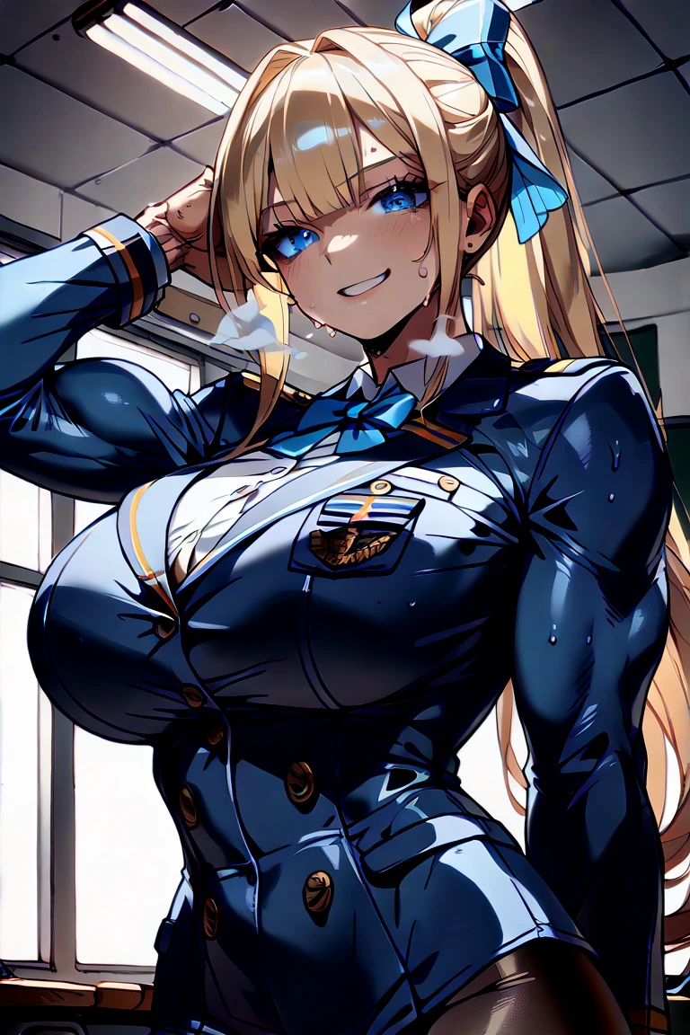 One High School Girl、Glossy sailor suit、School bag、pleatedskirt、Five Fingers、Huge chest on the verge of bursting、Cool poses、Fitness Model、musculature、Long legs、Cool smile、poneyTail、skin tanned、glistning skin、full-body view、publicity cosplay、full-cosplay