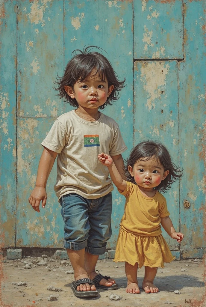 there is a picture of a young boy and girl standing in the grass, old picture, photo taken in 2 0 2 0, grainy damaged photo, old photo, very old photo, lost photo, damaged photo, old color photograph, ruan jia and fenghua zhong, old painting, childhood friend, old color photo