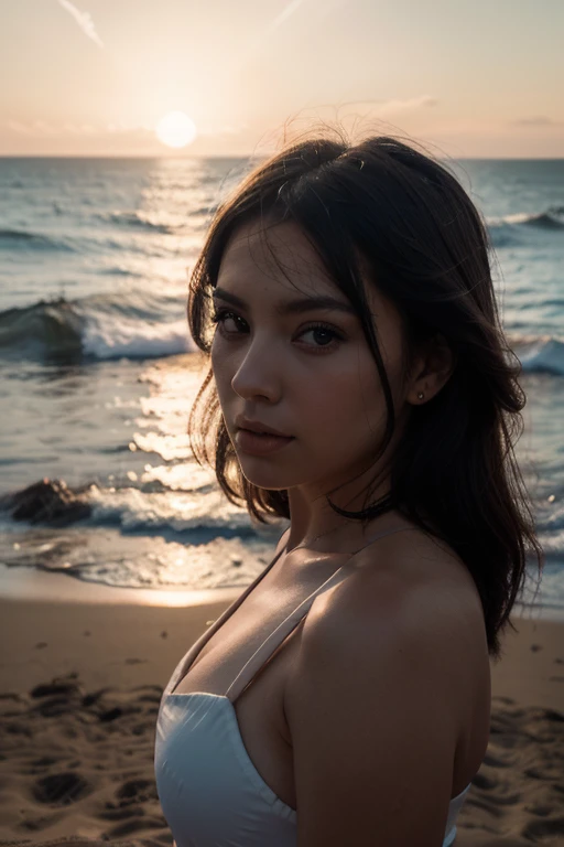 portrait, off, a, mignon, naked european woman on the golden sand of a beach , Already, (backlight), realistic, head of'artwork, la plus haute qualité, glint, shade, floraison, by anime, pas off peinture , photo reel ,