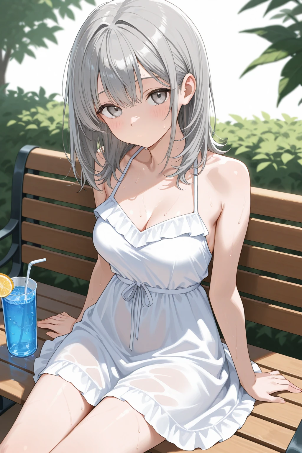 Anime short hair white skin no hair smooth pussy small breasts short hair pouring milk on body using finger to poke pussy using other hand to twist nipple put in glass sticking tongue out has sticky milk in mouth outside many people not wearing clothes Naked