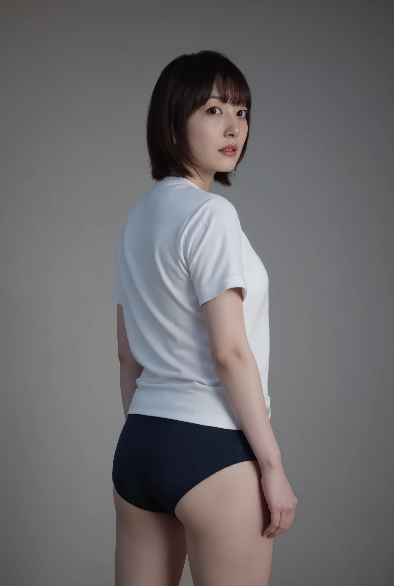 (masterpiece:1.3), ultra-high-definition, (genuine:1.3), super quality, (8K resolution:1.3), ultra-high resolution, ultra-realistic, (professional lighting:1.3), beautiful Japanese woman from under her feet, short hair, standing, school gymnasium dark blue buruma, school gymnasium, dark blue bloomer for exercise, ( white school t-shirt ), (school gymnasium uniform), small breasts, camel toe, Captivating Groin, looking at viewer,