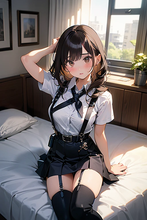flat-colors、depth of fields、lens flare 1 girl、、Brown hair、watching at viewers black suspenders Bulging big breasts walls: Black miniskirt garters Gaze Small face bangss a belt Beautuful Women hands up Lying in bed sideways eyes