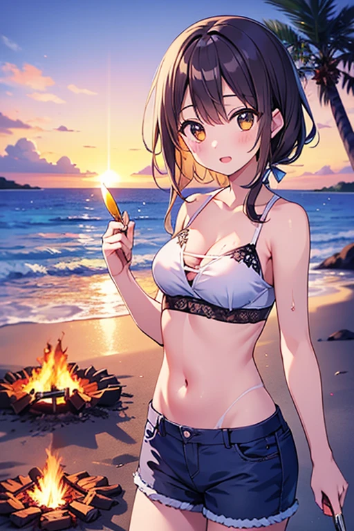High-quality cute anime character. A round-faced woman with black hair in a low ponytail, blunt bangs, and square black glasses, wearing a neon bikini, dances on the beach at a bonfire , her arms raised, a carefree expression on her face.