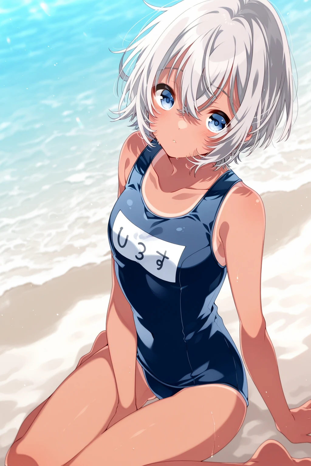 one-piece swimsuit, Ocean, ((One girl)), (evil grin:1.3), (Put your hands behind your head:1.3), Medium chest, (Cat ear), Gray Hair, Bobcut, School Swimsuit, clear, Daytime, Outdoor, (Cowboy shot from the front), ((Highest quality)), ((masterpiece)), (detailed), 4K, Perfect Face, Perfect Arms, Perfect hands, Perfect Fingers, anime, Ultra-fine illustration,