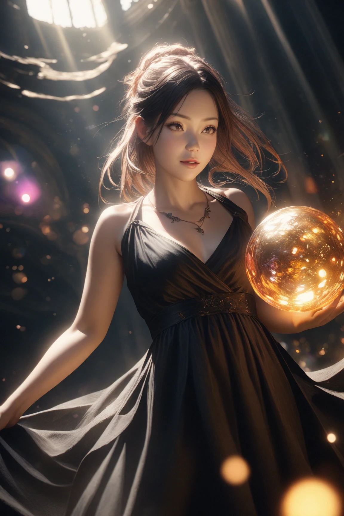 (best quality, masterpiece:1.2),ultra detailed,(photo realistic:1.4),solo,cute girl,(colorful illumination:1.1),light_particles, <lora:KiraKiraEffect_v1:0.3>,summon,on hand,luminescence_circle_background,<lora:SummonEffect_v1:0.2>,