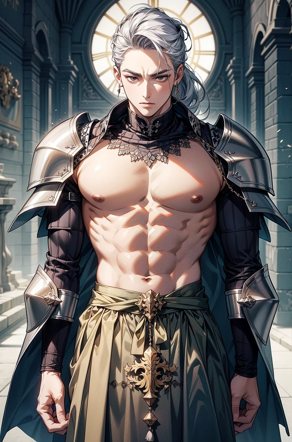 extremely handsome young man, 18 years old, slightly muscular, short blond wavy hair, his lithe body barely covered with shimmering navy and white transparent cloths, exposed chest, exposed legs, chunky silver and turquoise statement necklace, silver armbands on his biceps, silver filigreed gauntlets on his forearms, an intricate silver band on his upper thigh, silver anklets, lying on a pile of ornate silk cushions, (best quality,4k,8k,highres,masterpiece:1.2),ultra-detailed,(realistic,photorealistic,photo-realistic:1.37)classy,confident, soft warm lights,vibrant,